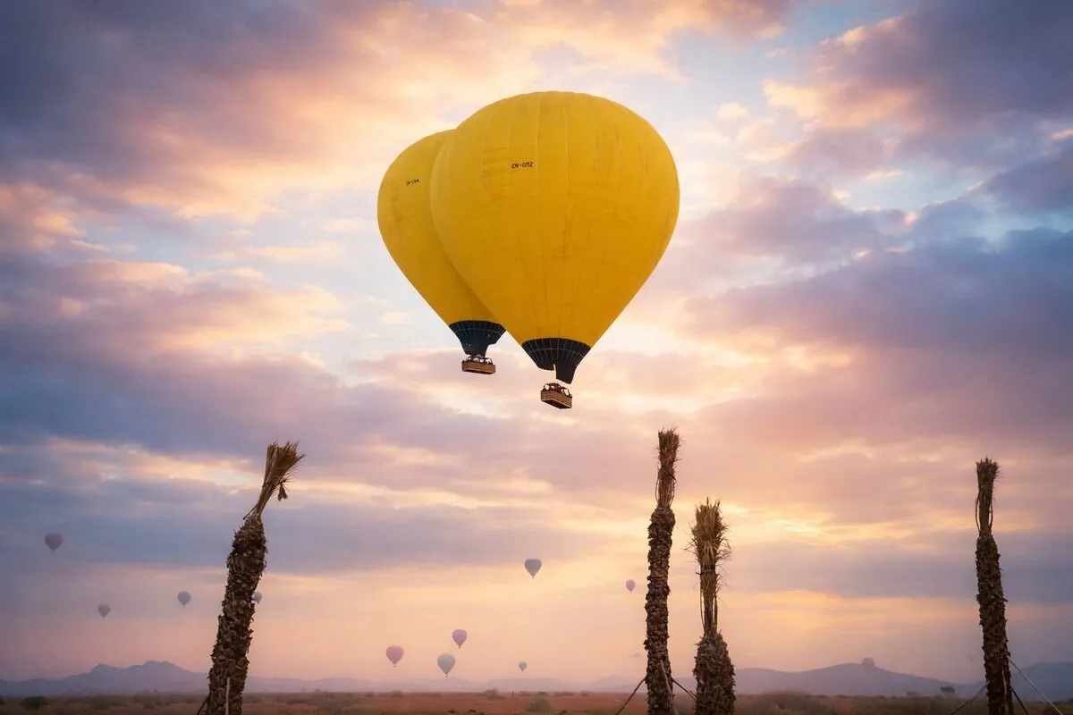 Private hot air balloon flight over Marrakech palm trees at sunset